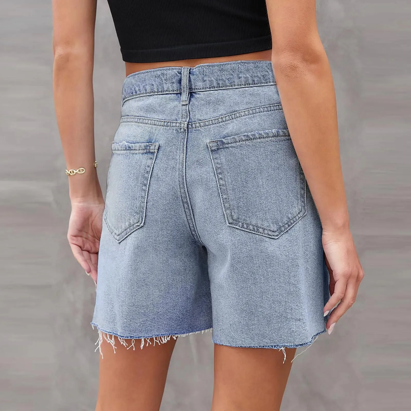 2024 Summer High Waist Women's Jeans Street Style Washed Ripped Frayed Denim Side Slit Trousers Streetwear Short