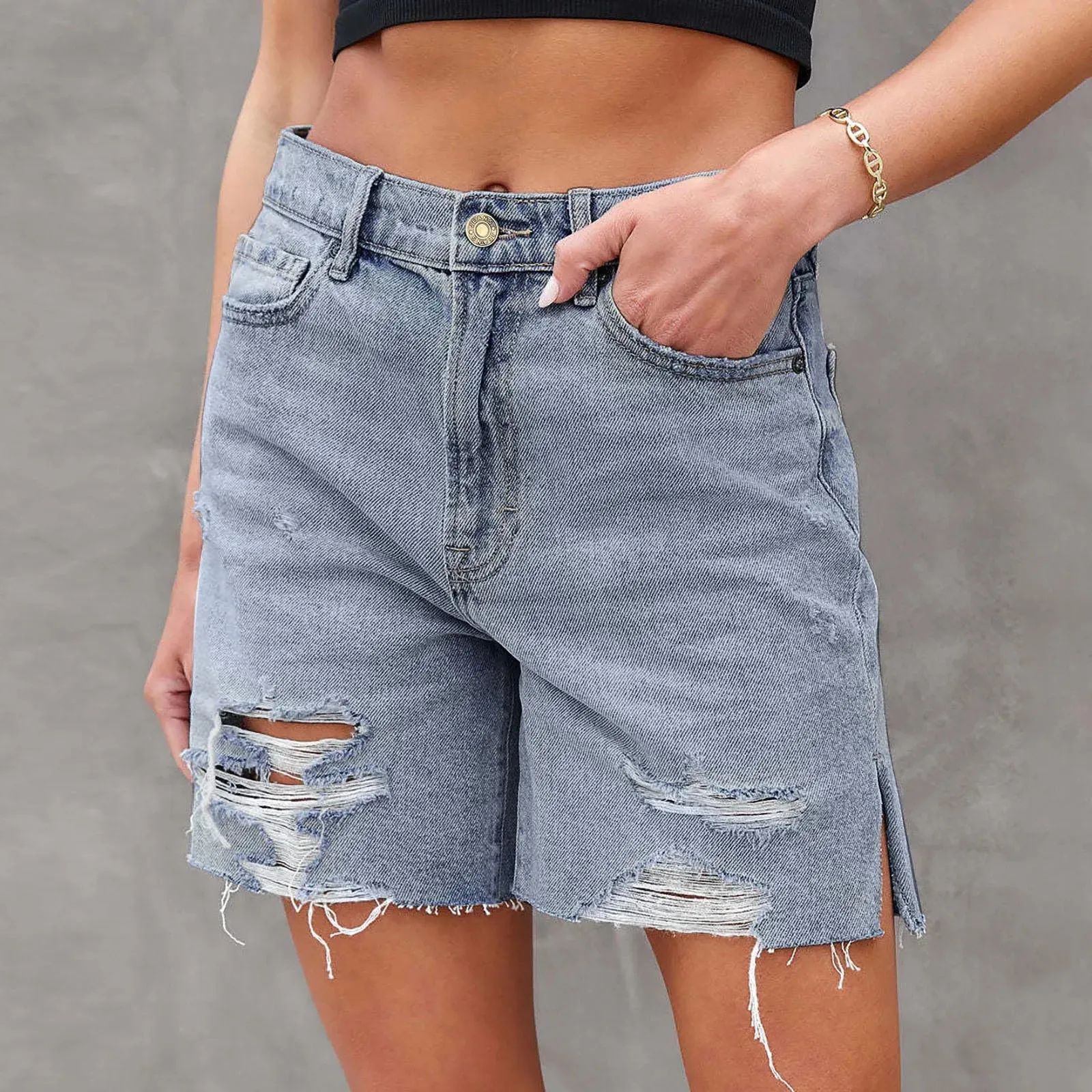 2024 Summer High Waist Women's Jeans Street Style Washed Ripped Frayed Denim Side Slit Trousers Streetwear Short