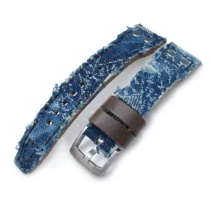 21mm, 22mm MiLTAT Heavy Distressed Blue Denim Watch Strap, Rivet Military strap