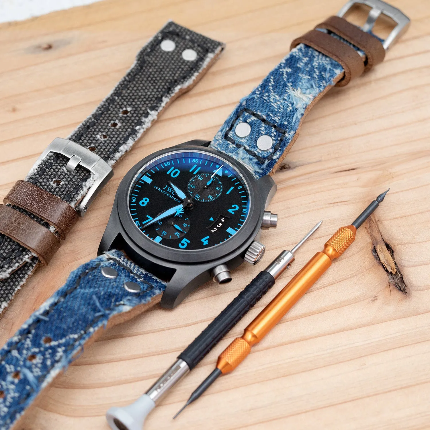 21mm, 22mm MiLTAT Heavy Distressed Blue Denim Watch Strap, Rivet Military strap