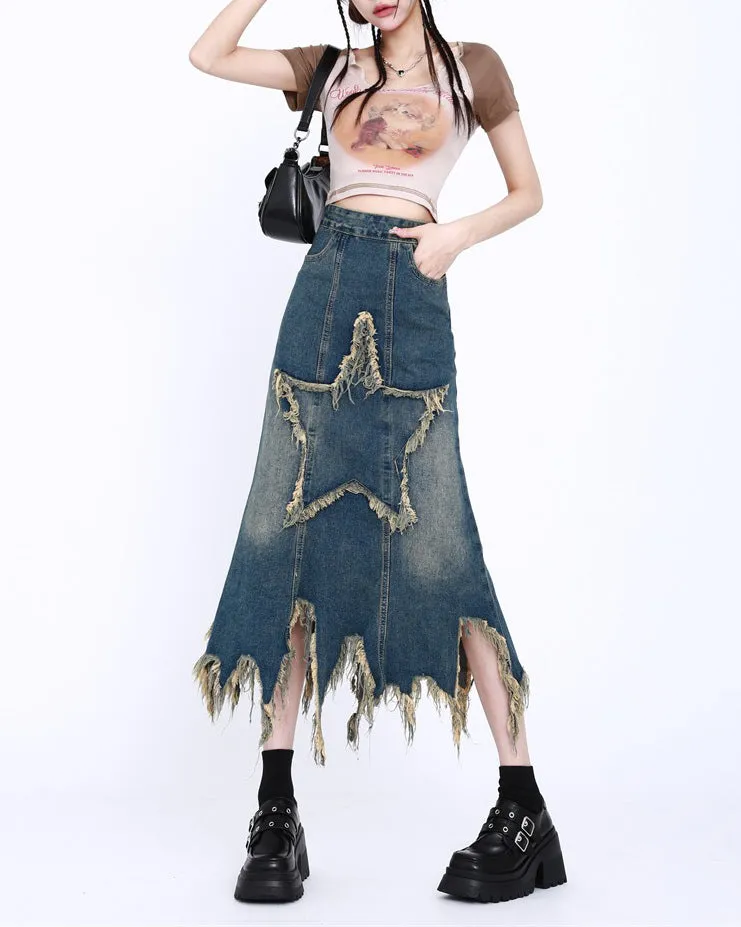 Aesthetic Star Long Denim Skirt