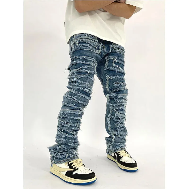 AIPA Men's Slim Fit Distressed Holes Stacked Jeans Streetwear Fashion Custom Patchwork Frayed Ripped Denim Pants