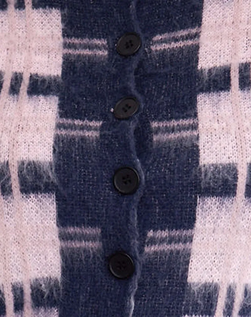 Anzio Button Up Cardigan In Multi Check Navy and Pink