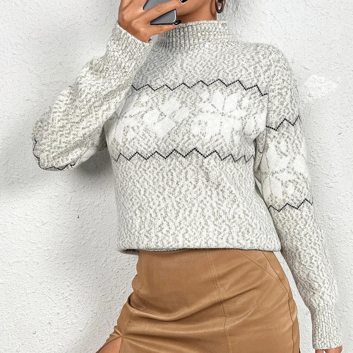 Autumn Winter Half Turtleneck Pullover Women Clothing Snowflake Jacquard Sweater Chenille Top