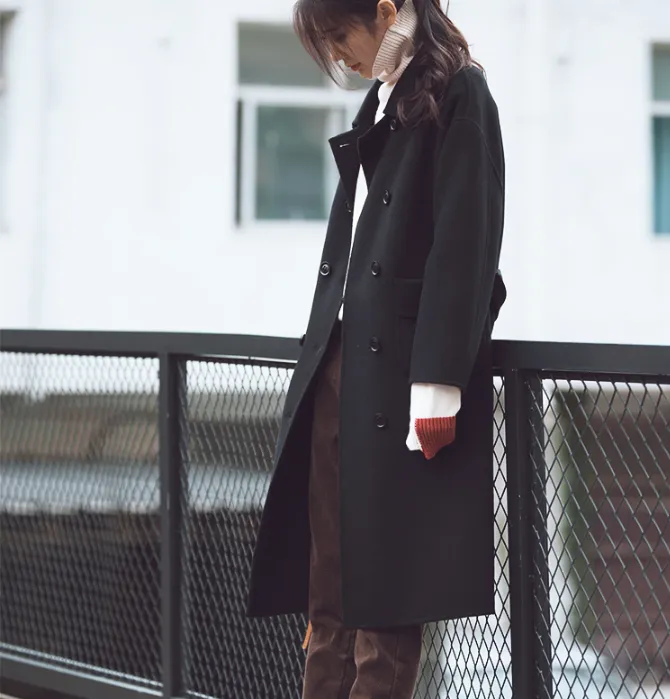 Black Wool Coat Handmade Long Warm Women Waist Belt Wool Coat Jacket/5533