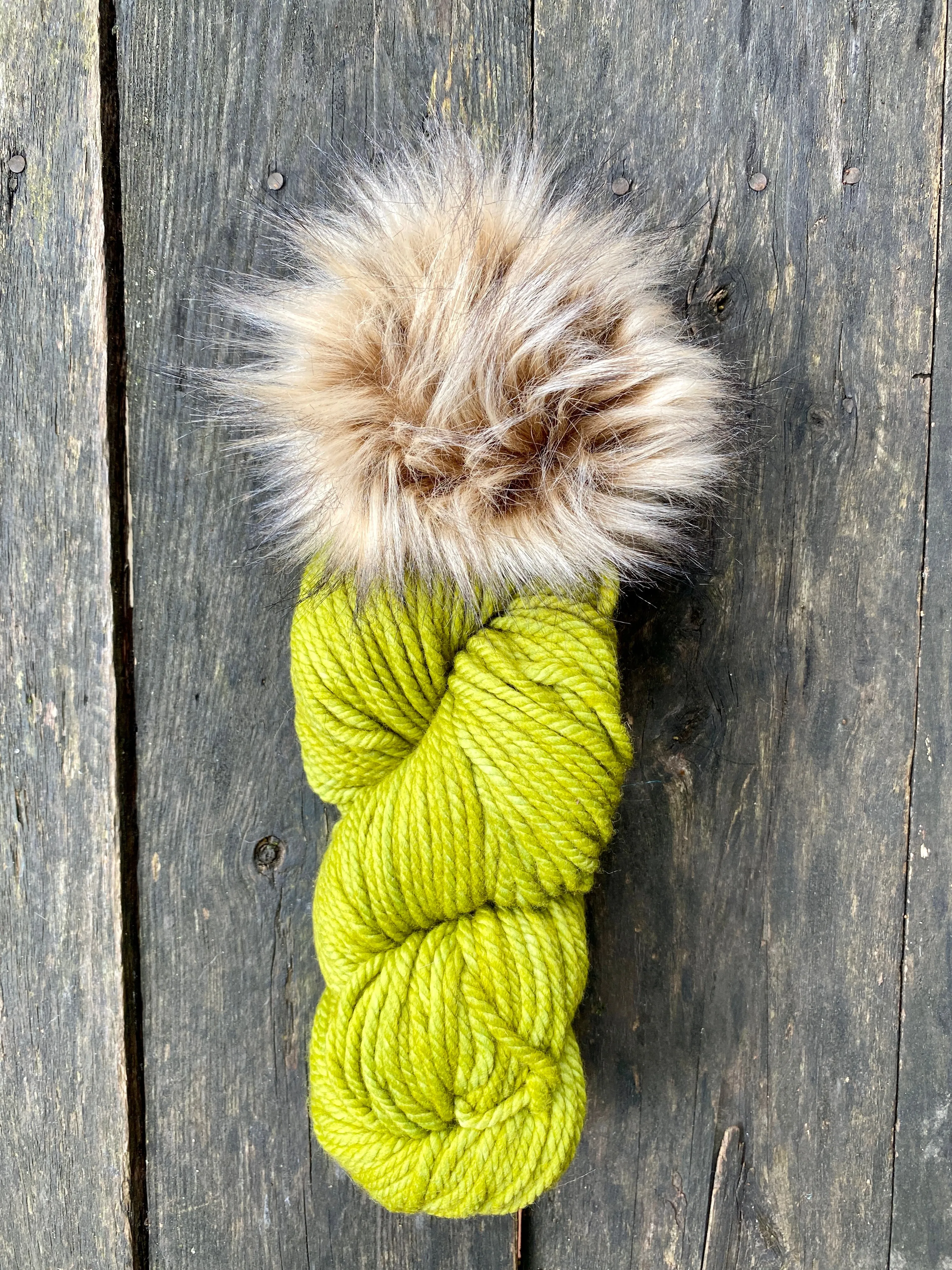 Bulky KNITTING KIT 1 skein 1 faux fur brown pom green Malabrigo Chunky