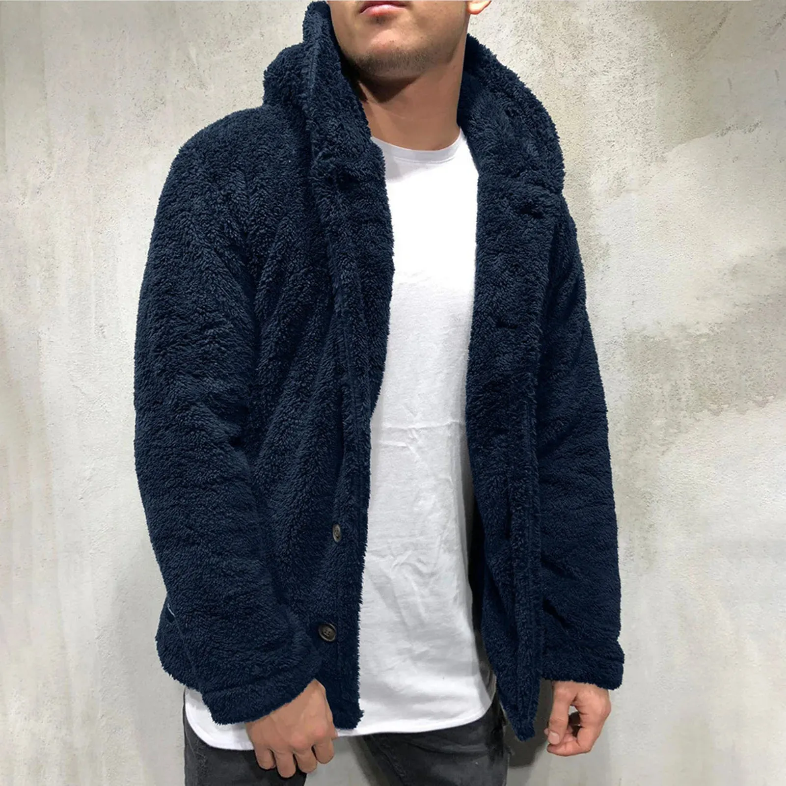 Coat Fluffy Fleece Thick Warm Windbreaker Jacket Long Sleeve Hooded Coat Plush Buttons Closure Thicken Warm Men Coat Outerwear