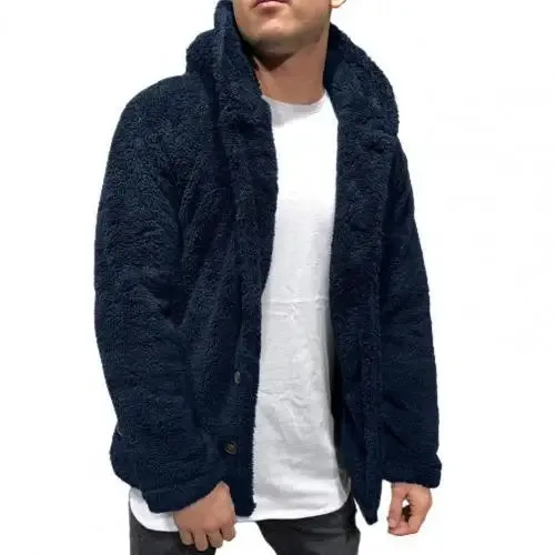 Coat Fluffy Fleece Thick Warm Windbreaker Jacket Long Sleeve Hooded Coat Plush Buttons Closure Thicken Warm Men Coat Outerwear