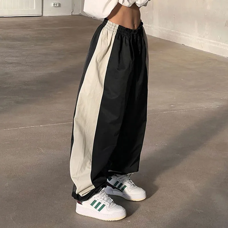 Cool Contrast Color Drawstring Ankle Tied Casual Loose Woven Pants Spring Summer Wide Leg Basic Trousers Women