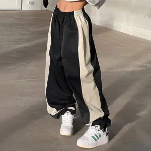 Cool Contrast Color Drawstring Ankle Tied Casual Loose Woven Pants Spring Summer Wide Leg Basic Trousers Women