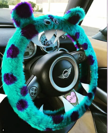 Cute Fuzzy faux fur Spotty Monster car steering wheel cover