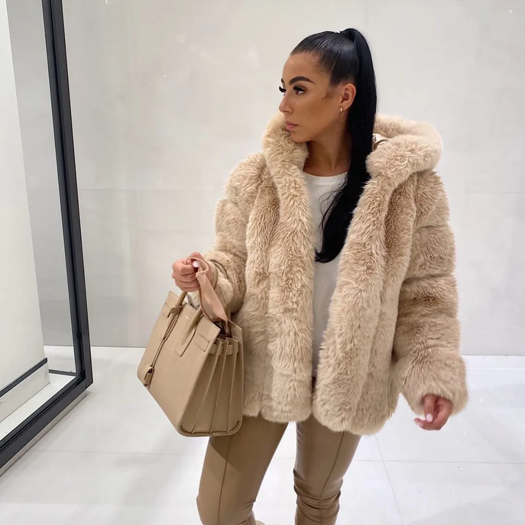 Dayna Beige Hooded Faux Fur Coat