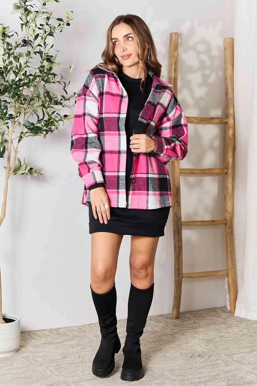 Double Take Plaid Button Up Collared Neck Jacket