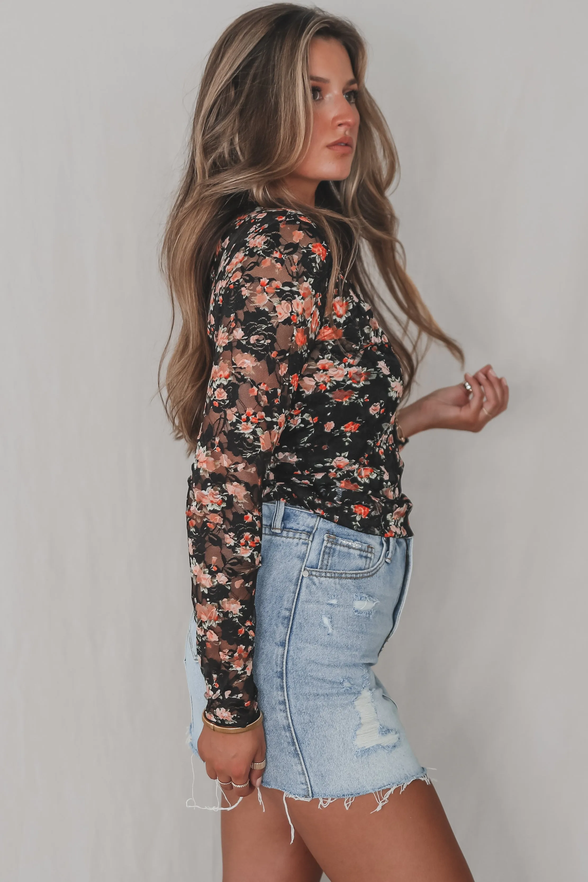 Just A Flirt Lace Mesh Floral Top