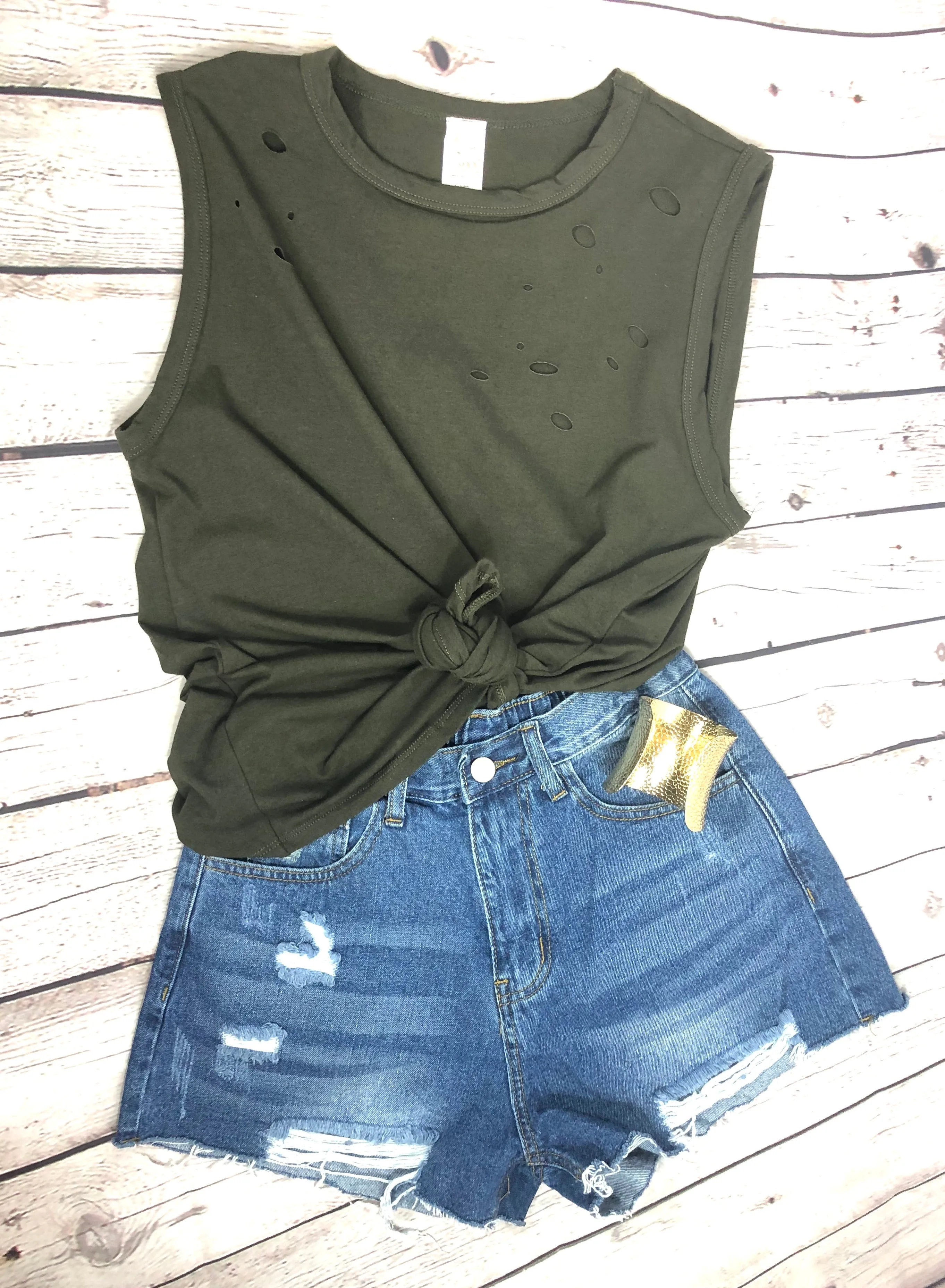 Laser Cut Sleeveless Tank Top in Olive