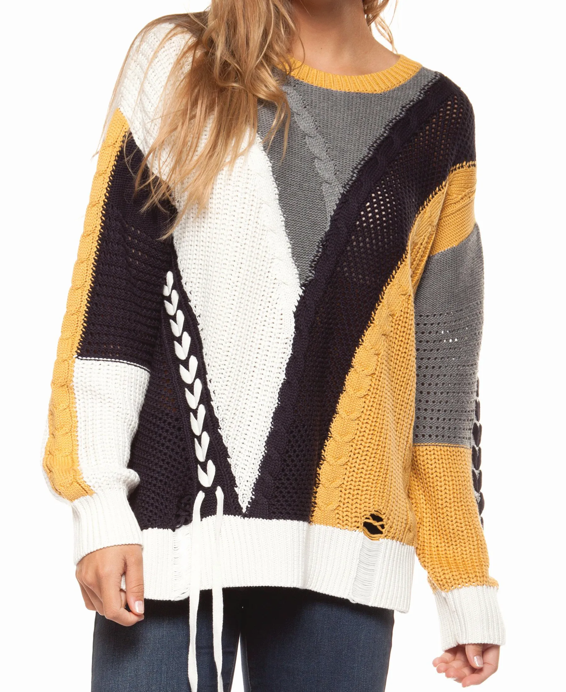 Long sleeve color block cable knit sweater with lace-up trim