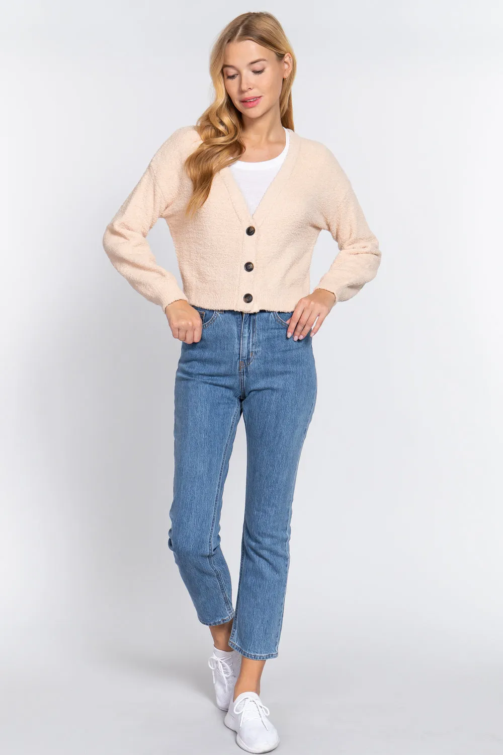 Long Slv V-neck Sweater Cardigan - 2 colors