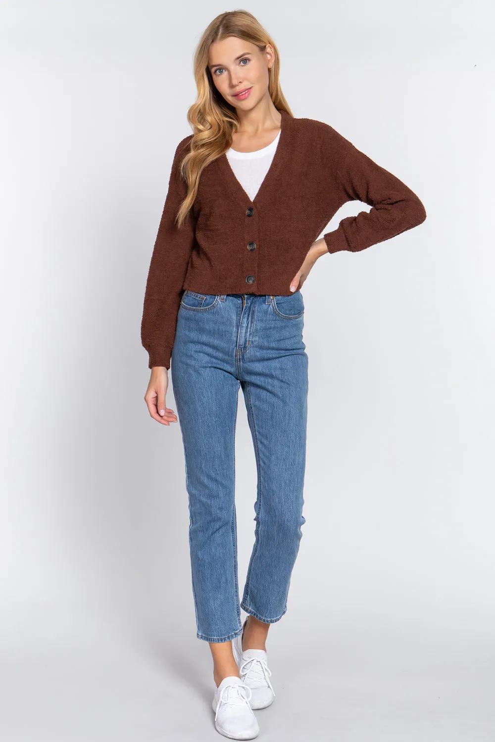 Long Slv V-neck Sweater Cardigan - 2 colors