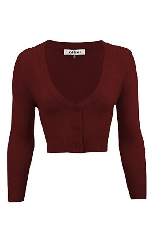 MAK Sweaters Cropped Cardigan with 3/4 Sleeves in Burgundy