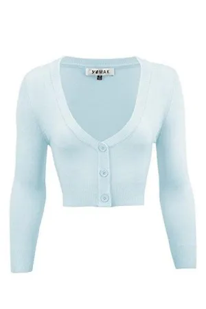 MAK Sweaters Cropped Cardigan with 3/4 Sleeves in Light Blue