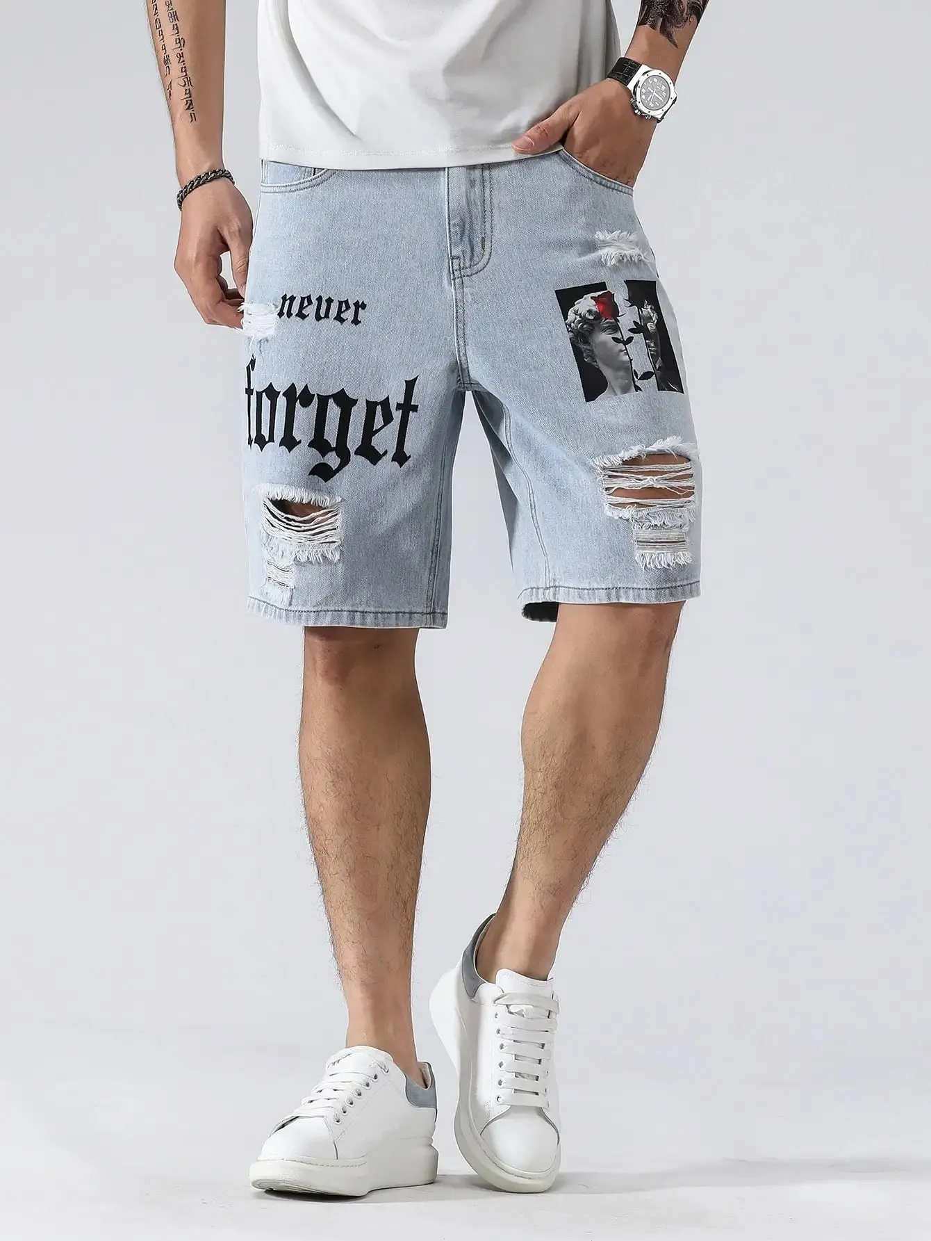 Men Summer Stretchy Denim Shorts Jeans For Men Streetwear Letter Ripped Knee length Baggy Comfort Cargo Casual Shorts Pants Jean