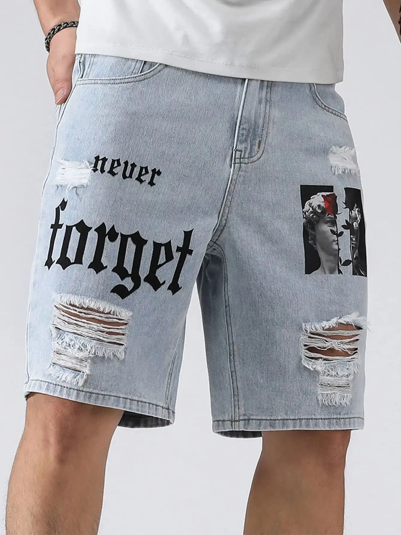 Men Summer Stretchy Denim Shorts Jeans For Men Streetwear Letter Ripped Knee length Baggy Comfort Cargo Casual Shorts Pants Jean