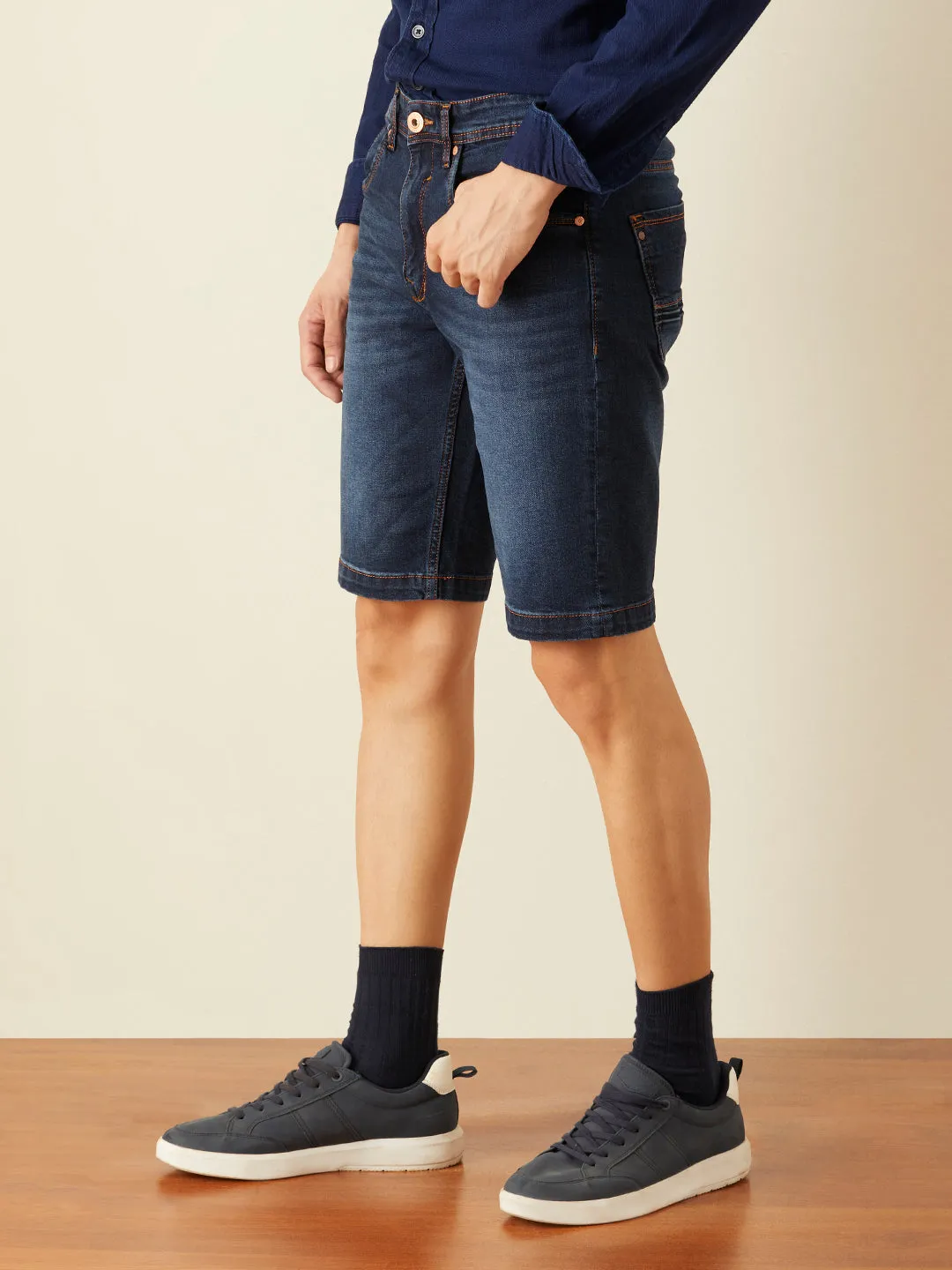 Navy Plain Denim Shorts