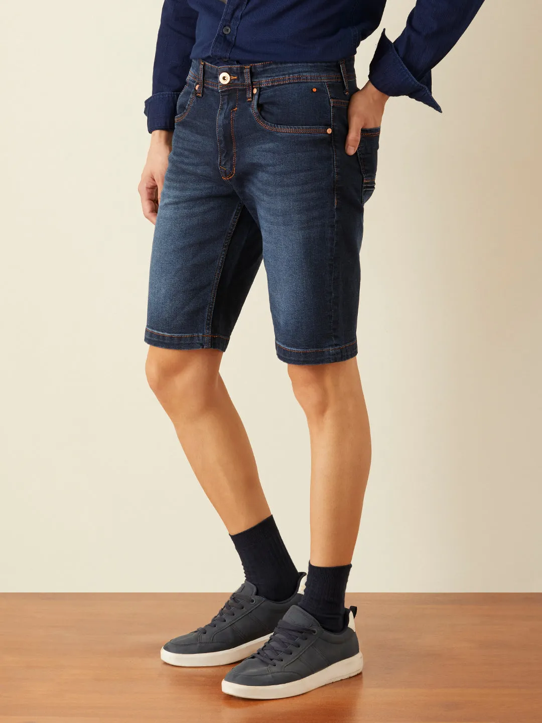 Navy Plain Denim Shorts