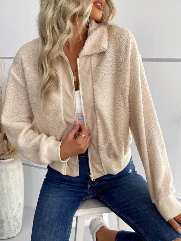 New fashion women's solid color long-sleeved lapel sherpa jacket