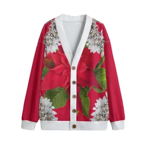 Poinsettias & Tinsel Unisex V-neck Hacci Fleece Christmas Cardigan