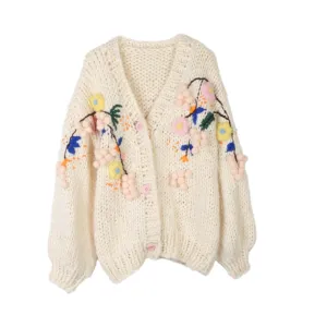 Pre Order:  Floral Embroidery Knitted Lazy Cardigan