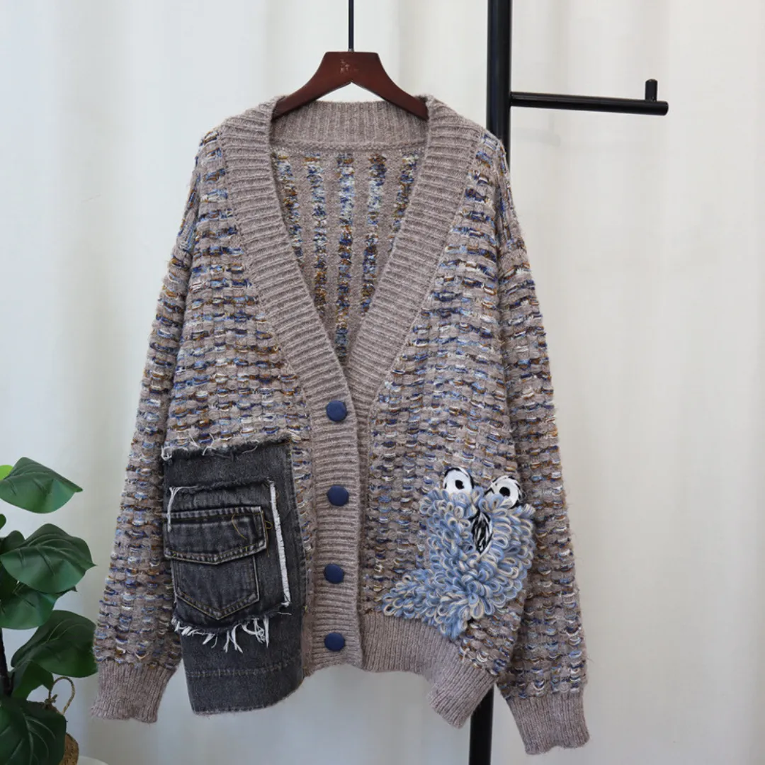 Pre Order:  Striped V-Neck Animal Loose Knitted Cardigan