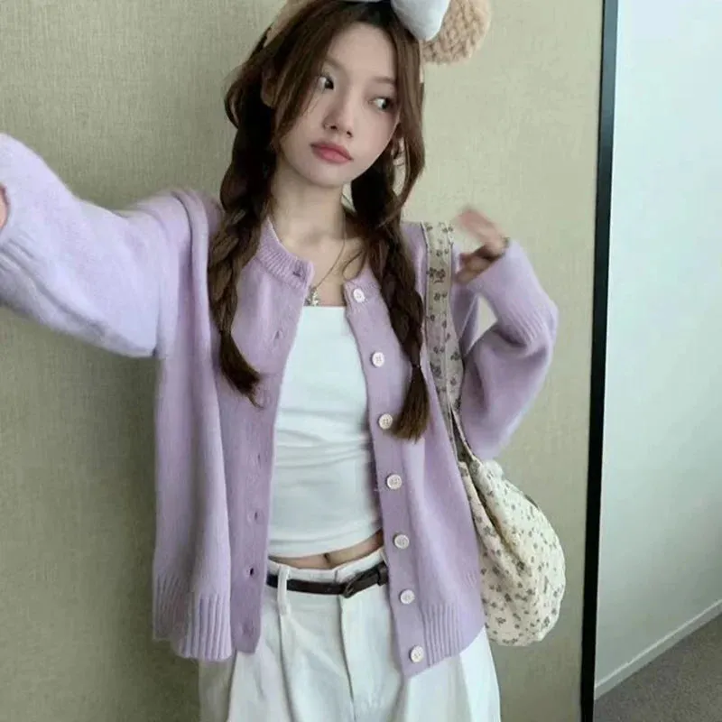 Rimocy Candy Colors Knitting Cardigan Women Korean Fashion Long Sleeve Round Neck Sweater Coat Woman Solid Color Chic Cardigans