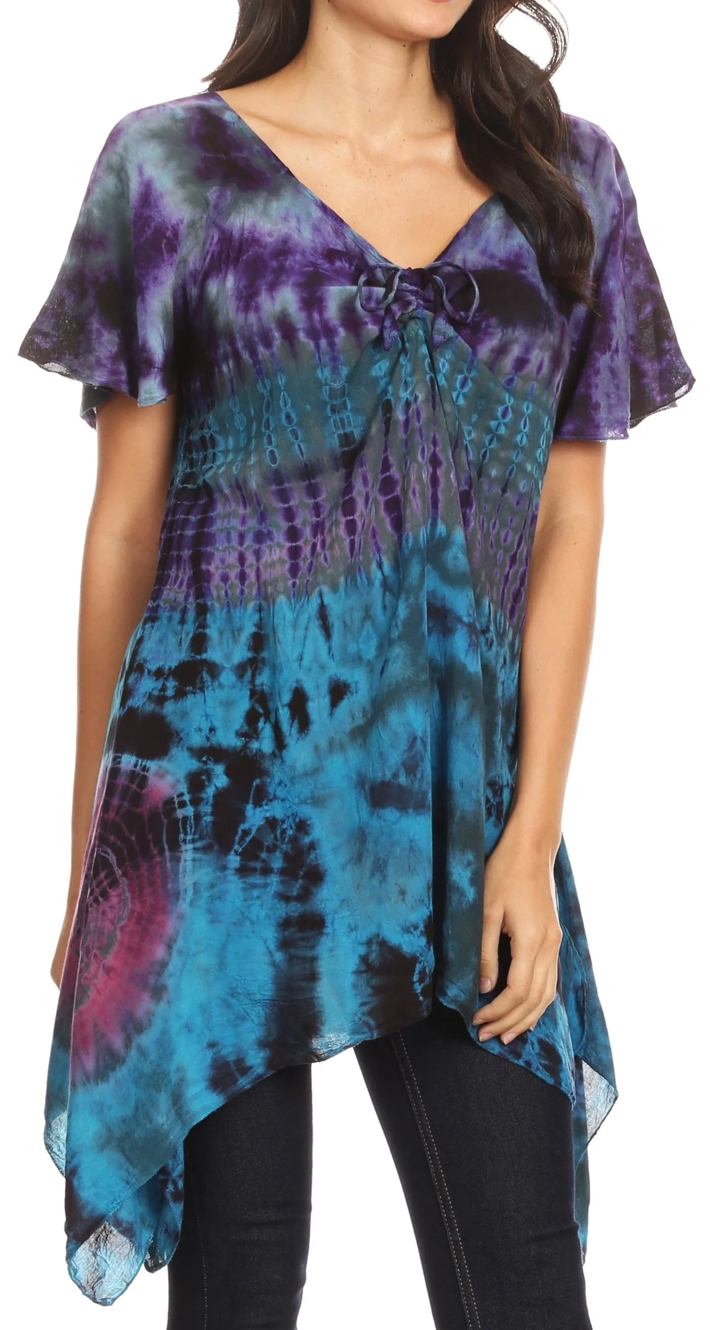 Sakkas Daniela Womens Short Sleeves Loose Tie Dye Blouse Top Tunic Asymmetrical