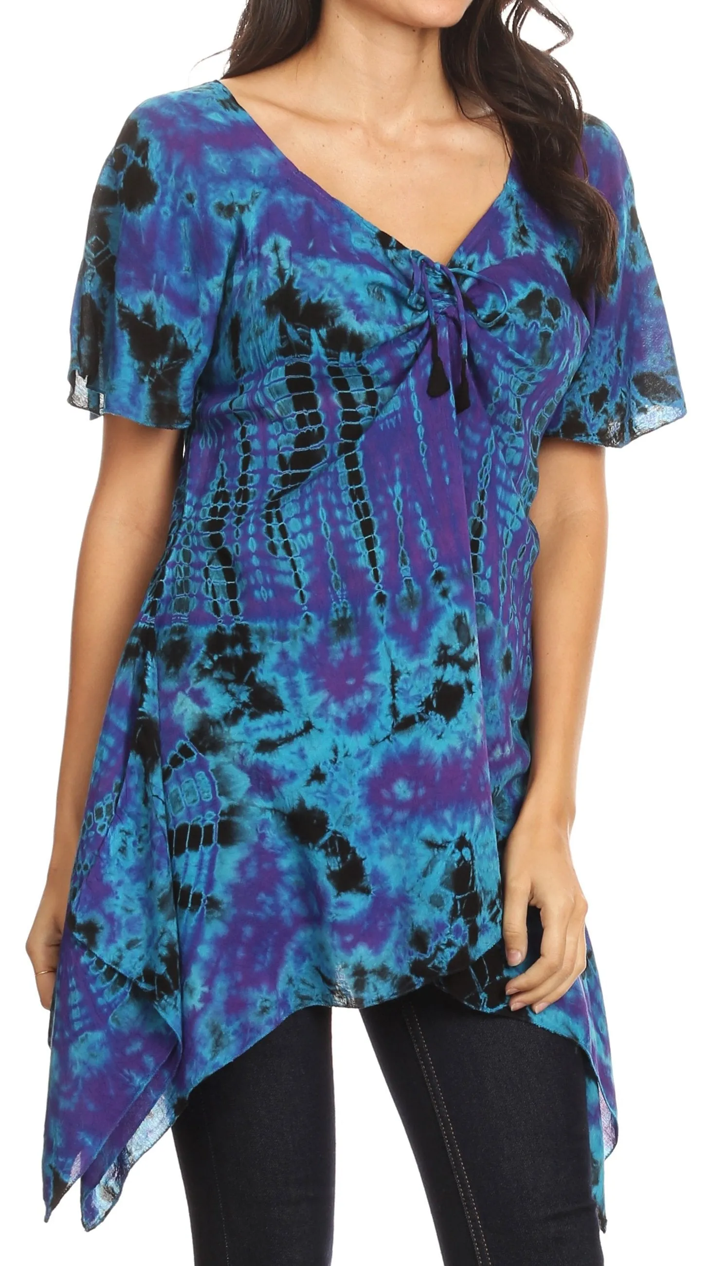 Sakkas Daniela Womens Short Sleeves Loose Tie Dye Blouse Top Tunic Asymmetrical