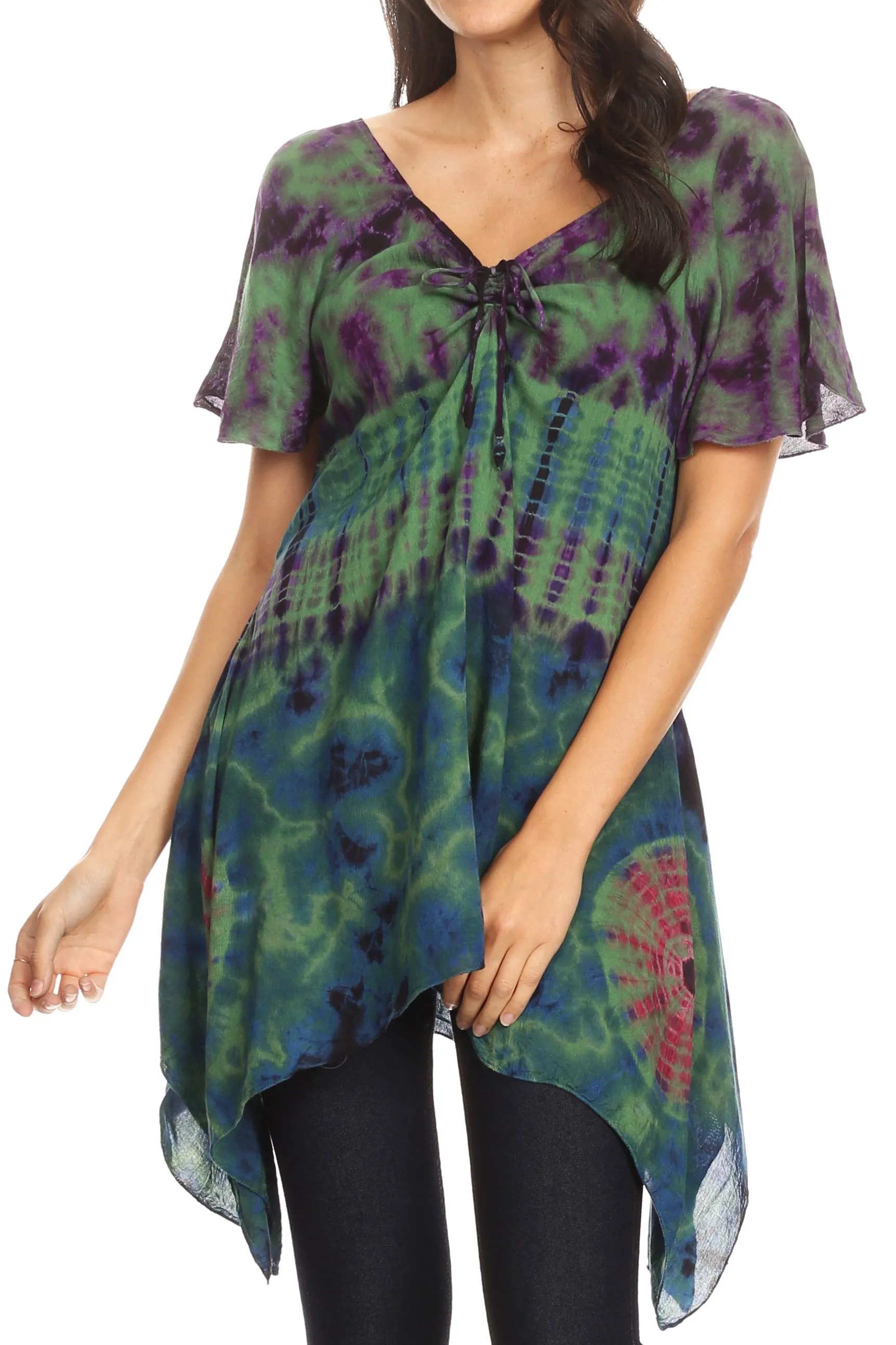 Sakkas Daniela Womens Short Sleeves Loose Tie Dye Blouse Top Tunic Asymmetrical