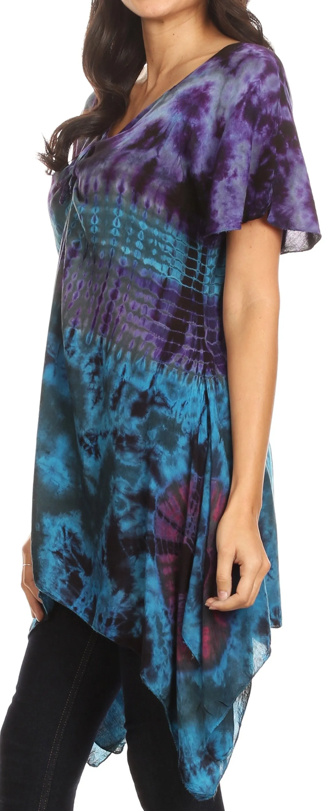 Sakkas Daniela Womens Short Sleeves Loose Tie Dye Blouse Top Tunic Asymmetrical