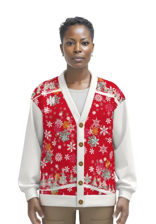 Snow Man's Delight Unisex V-neck Knitted Hacci Fleece Christmas Cardigan With Button Closure