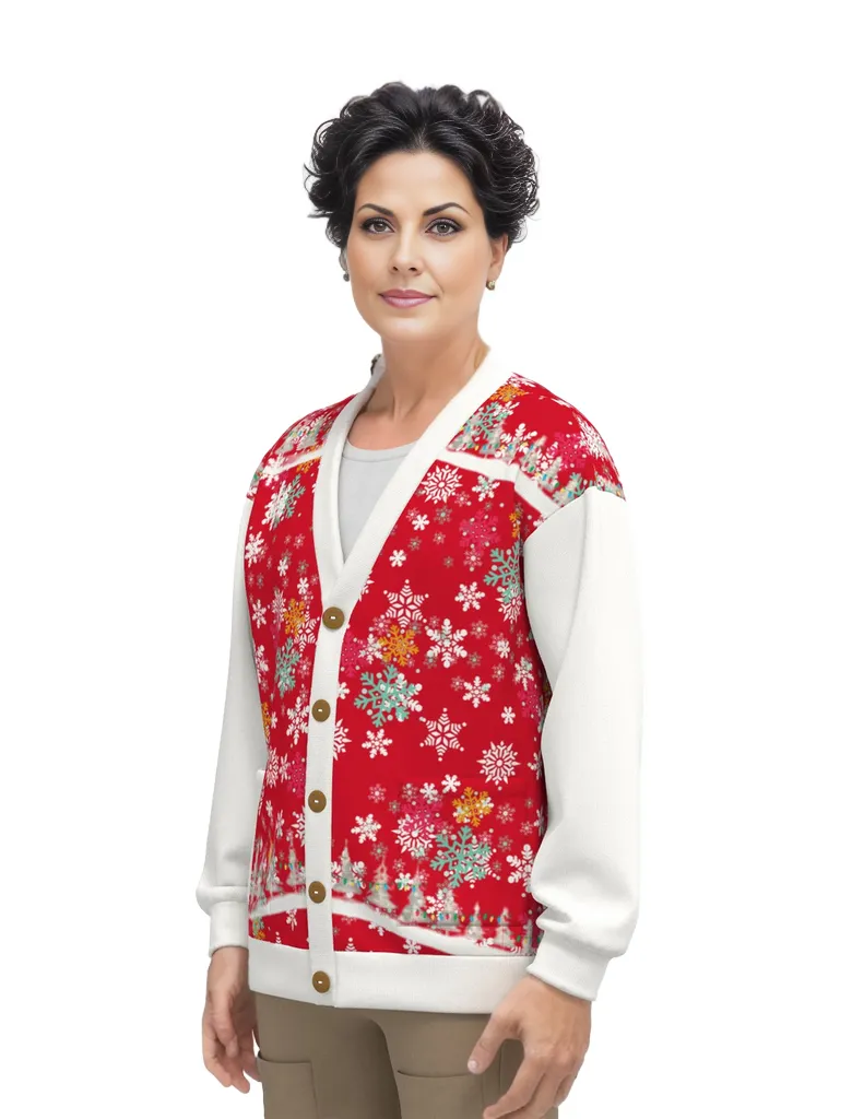 Snow Man's Delight Unisex V-neck Knitted Hacci Fleece Christmas Cardigan With Button Closure