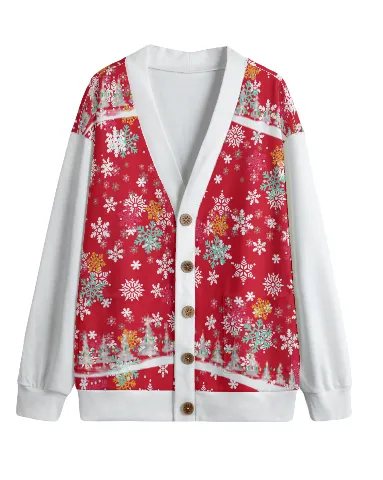 Snow Man's Delight Unisex V-neck Knitted Hacci Fleece Christmas Cardigan With Button Closure