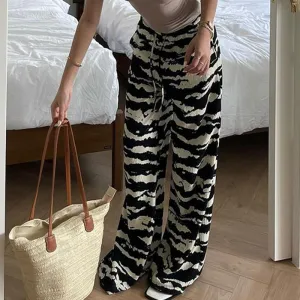 Street Casual Zebra Pattern Contrast Color Loose Knitted Trousers Niche Design Animal Pattern Drawstring Straight Leg Pants