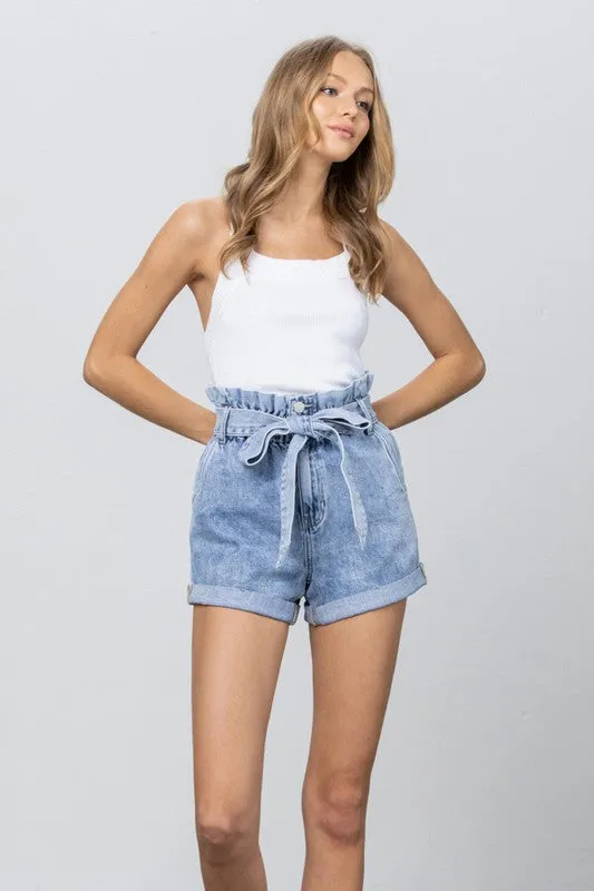 TEEK - LIGHT WASH HIGH WAISTED PAPER BAG SHORTS