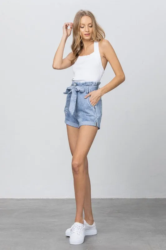 TEEK - LIGHT WASH HIGH WAISTED PAPER BAG SHORTS