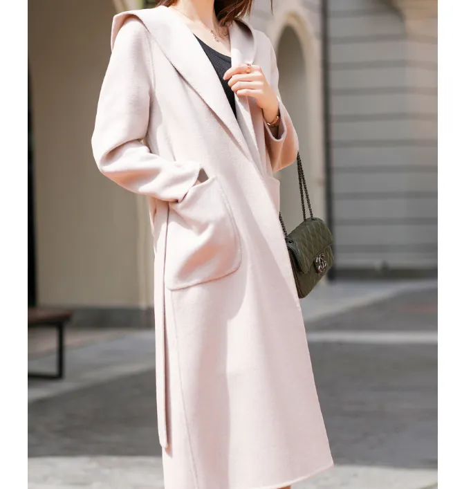 Waist Belt Wool Coat Handmade Long Warm Women Wool Coat Jacket/9800