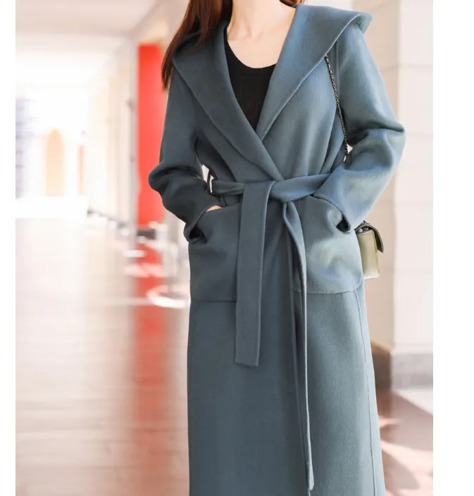 Waist Belt Wool Coat Handmade Long Warm Women Wool Coat Jacket/9800