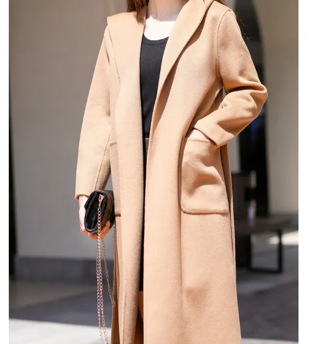 Waist Belt Wool Coat Handmade Long Warm Women Wool Coat Jacket/9800