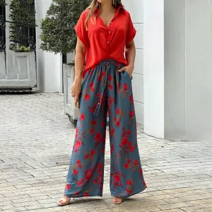 Wefads Women Two Piece Set Solid Color Short Sleeve Button Top Drawstring Print Wide Leg Pants High Streetwear