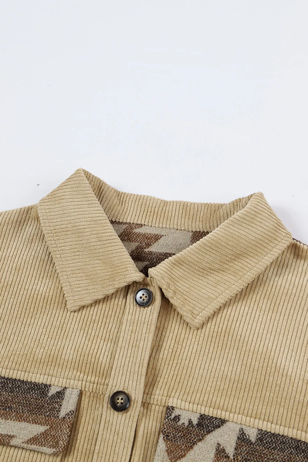 Wholesale Khaki Geometric Print Patchwork Frayed Edge Corduroy Jacket