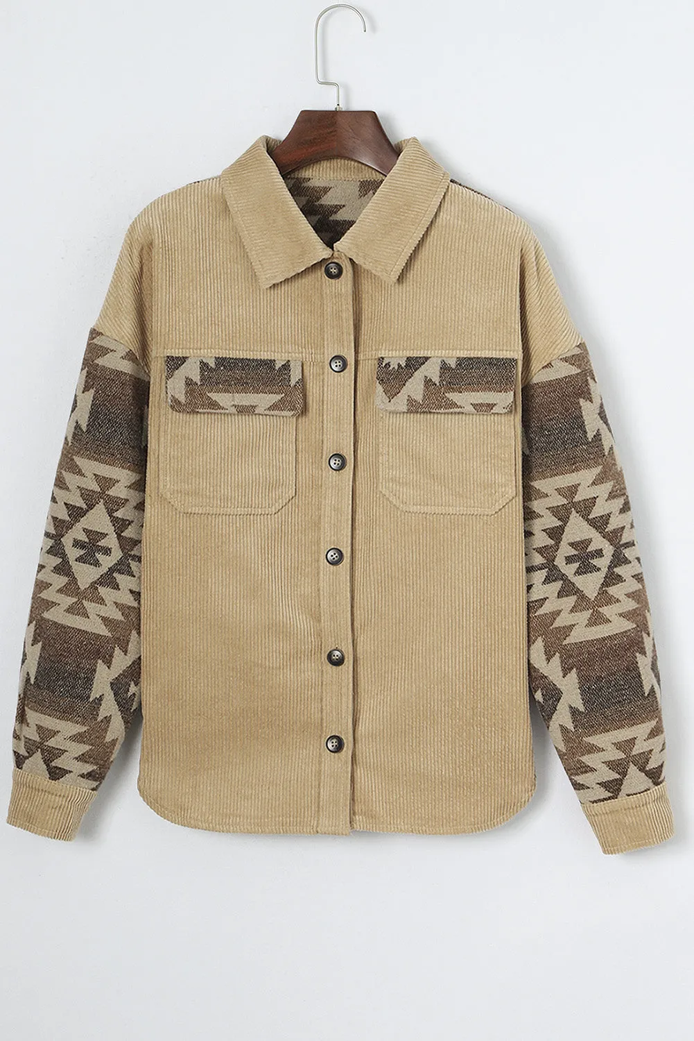 Wholesale Khaki Geometric Print Patchwork Frayed Edge Corduroy Jacket