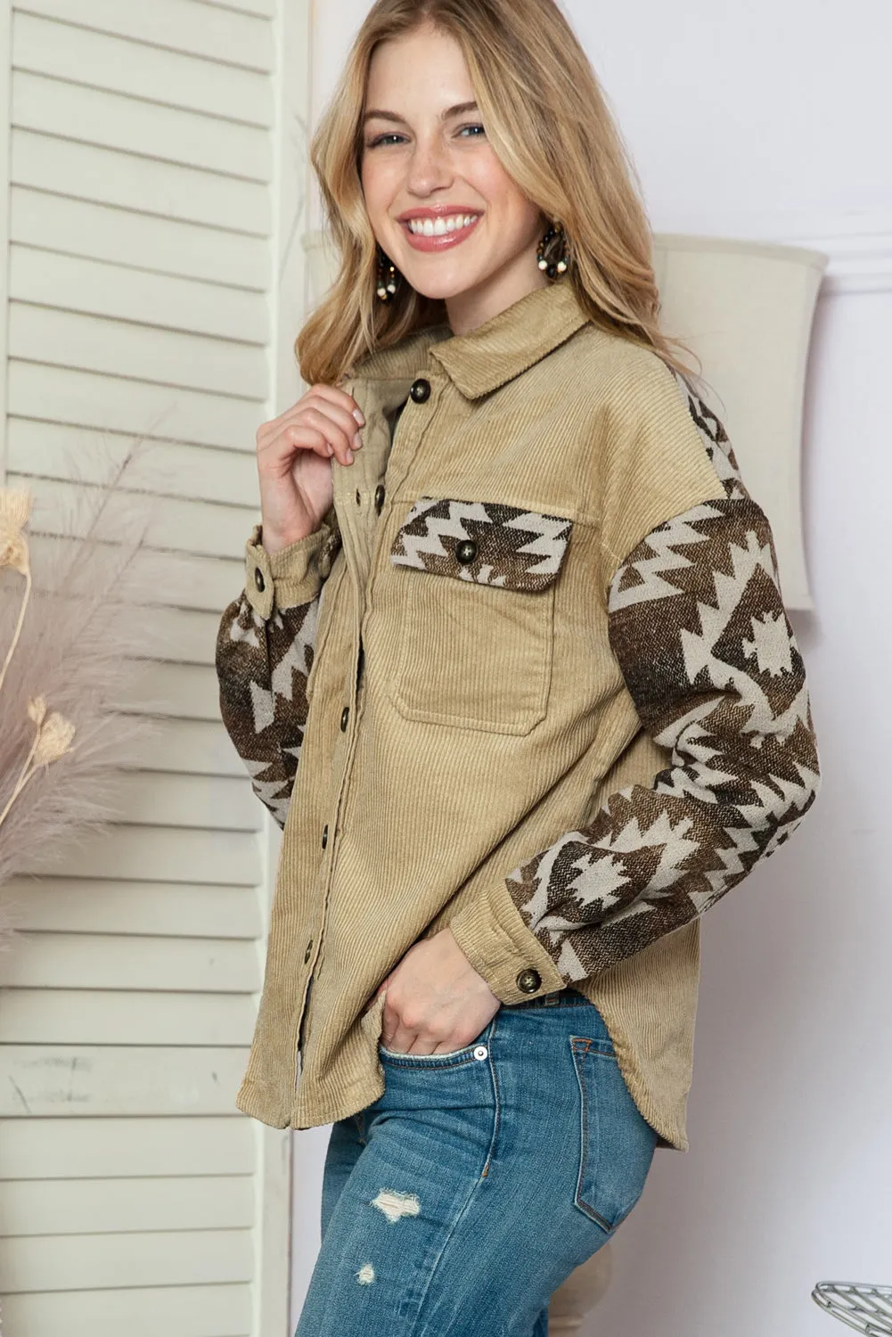 Wholesale Khaki Geometric Print Patchwork Frayed Edge Corduroy Jacket